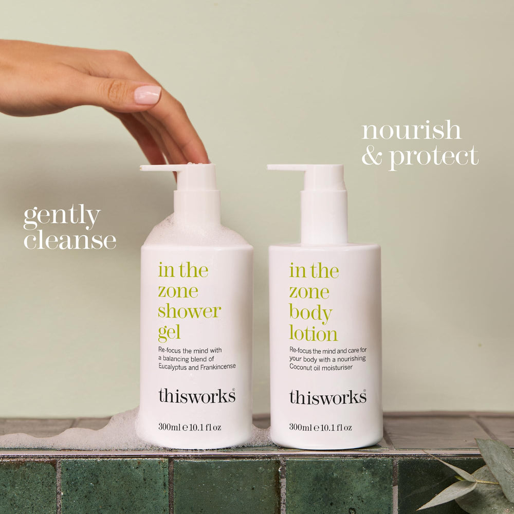 THISWORKS In The Zone hand-application demonstrates massage-ready hydration during a busy day.