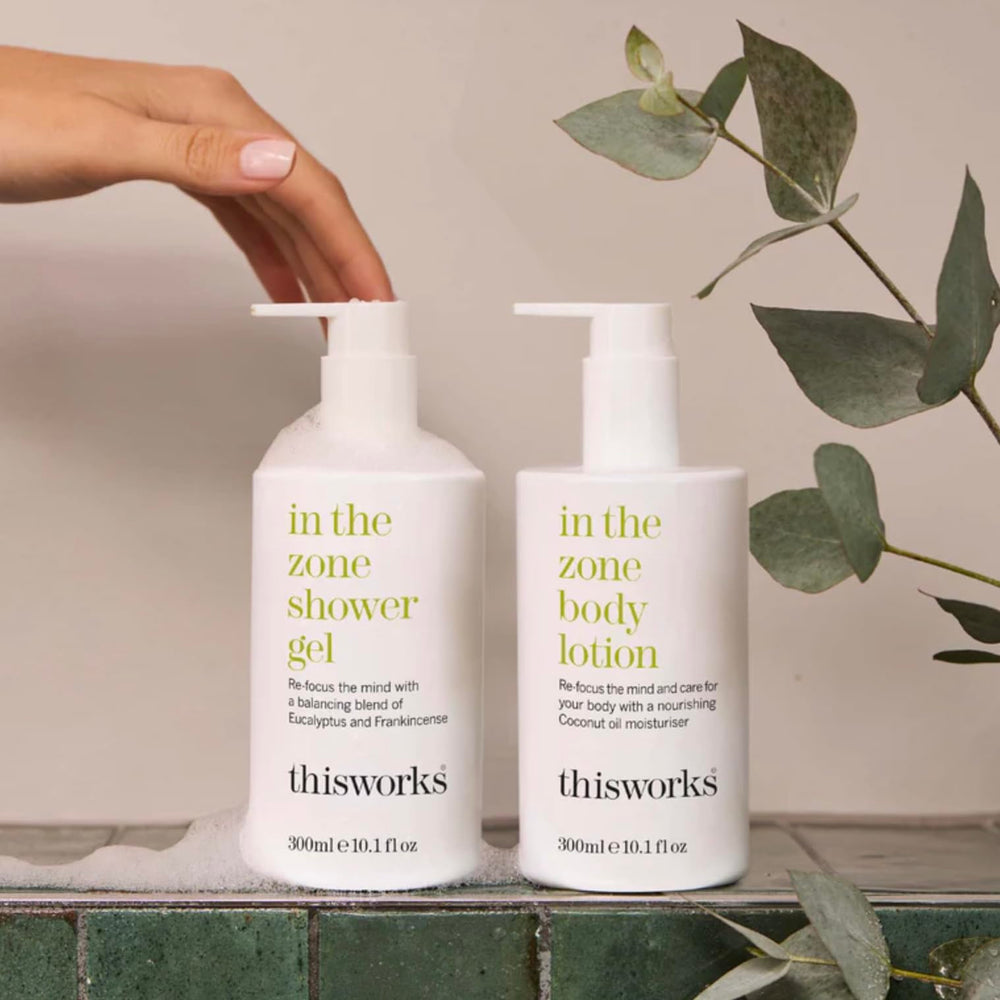THISWORKS In The Zone shower gel lather on skin delivering gentle cleansing and aroma