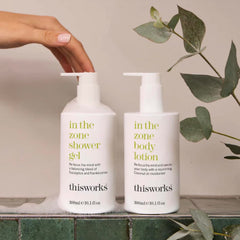 THISWORKS In The Zone shower gel lather on skin delivering gentle cleansing and aroma
