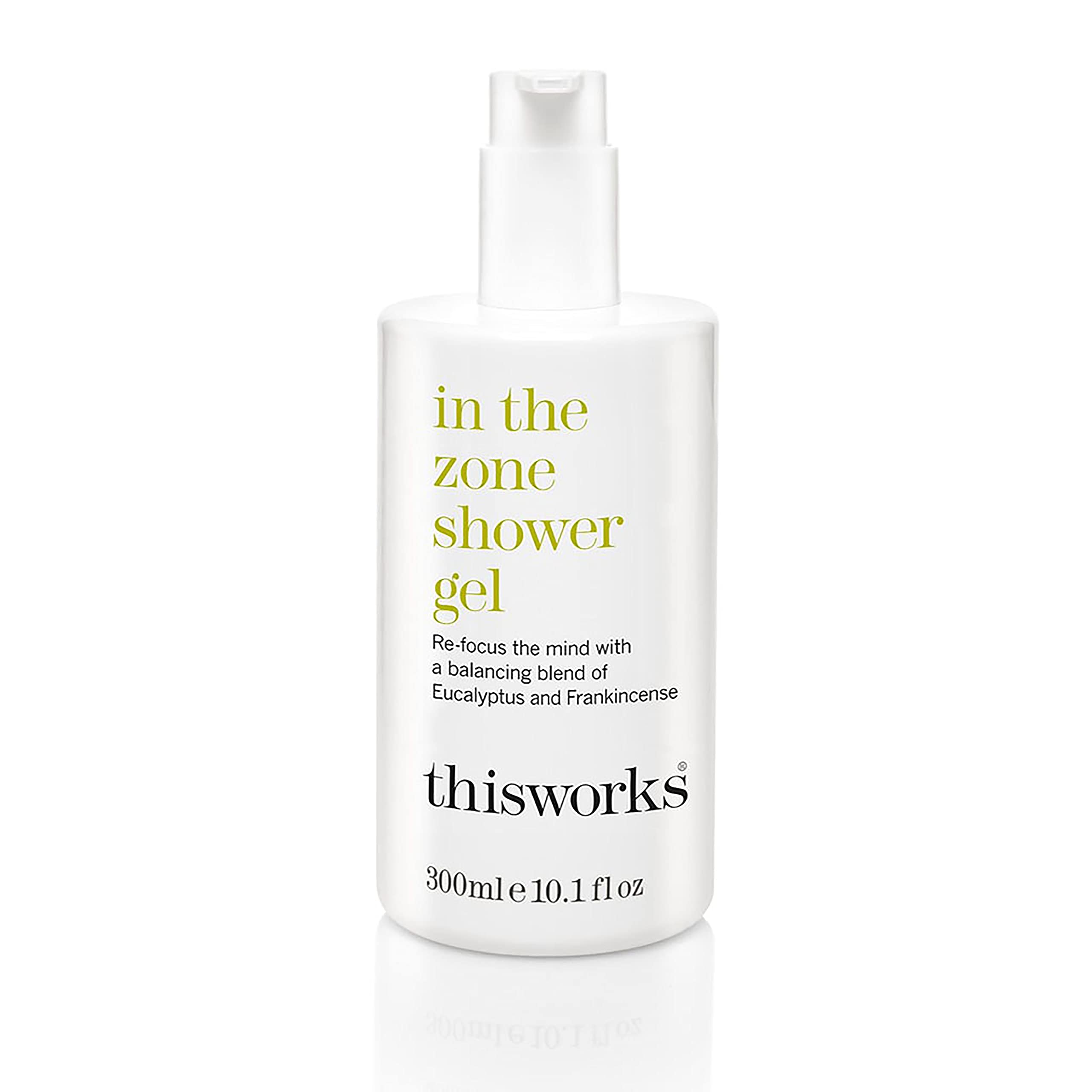 THISWORKS In The Zone Shower Gel bottle front, refreshing eucalyptus and frankincense aroma for focus