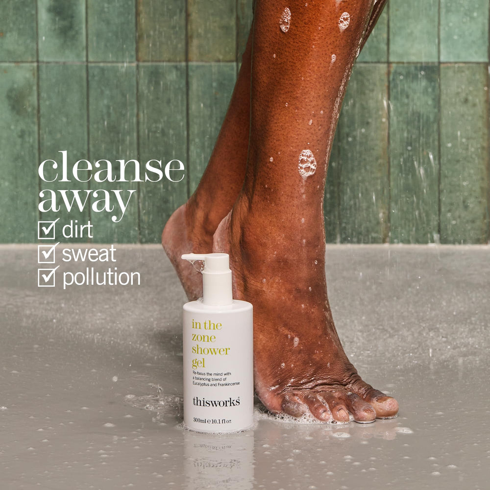 THISWORKS In The Zone Shower Gel bottle side, vegan, sulfate-free formula for gentle cleansing