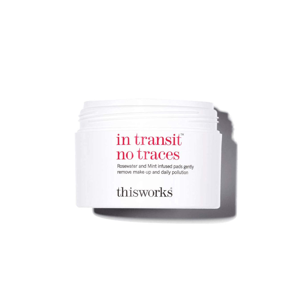 Closeup of THISWORKS pads shows rosewater-mint formula for gentle makeup removal.