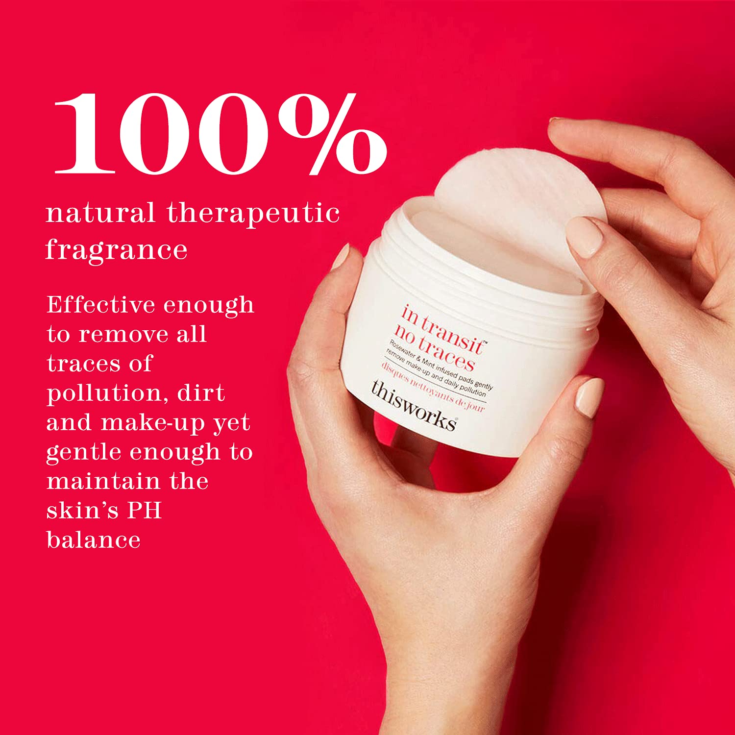 Eco-packaging emphasizes biodegradable cotton pads and cruelty-free ethos.