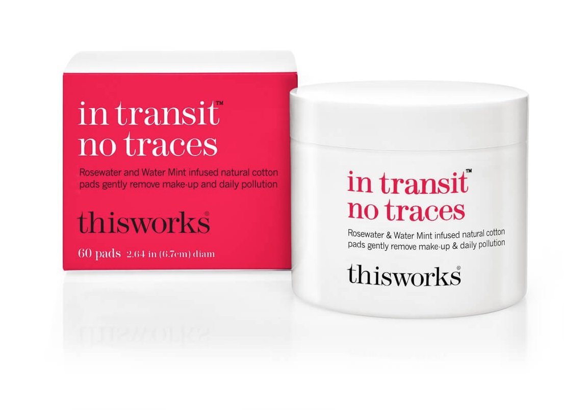 THISWORKS in transit no traces pads packaging highlights portable, eco-friendly cleansing solution.