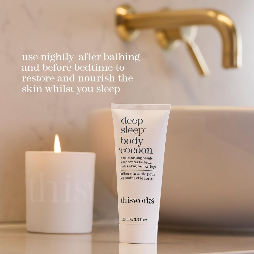 THISWORKS Lavender Chamomile Vetivert aroma emphasizes calming scent for restful evenings.