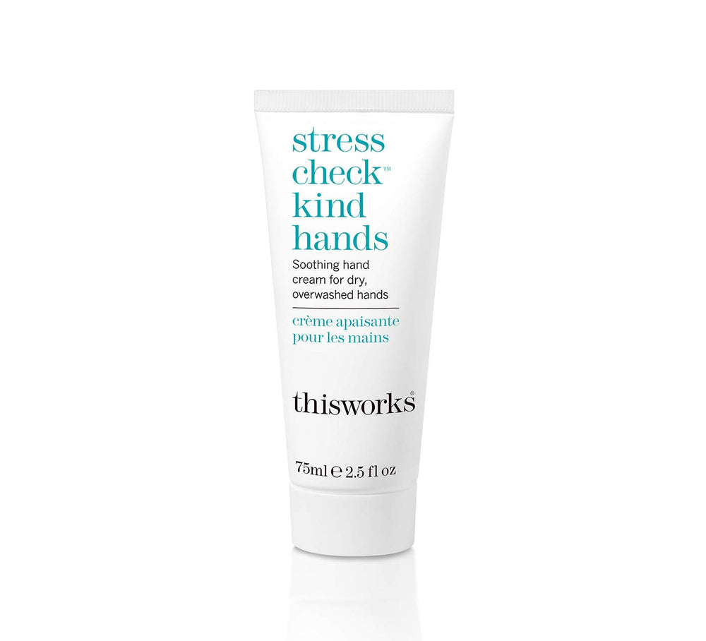 THISWORKS Stress Check Kind Hands bottle, hydrating hand cream for dry skin.