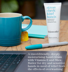 THISWORKS Stress Check Kind Hands label close-up, vegan and cruelty-free.
