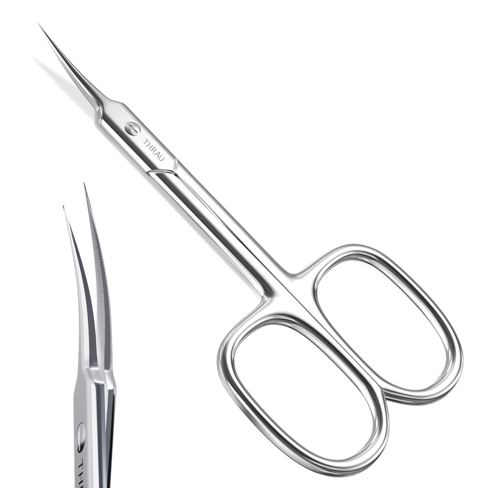 THRAU cuticle scissors with a curved blade for precise cuticle shaping and clean angles.