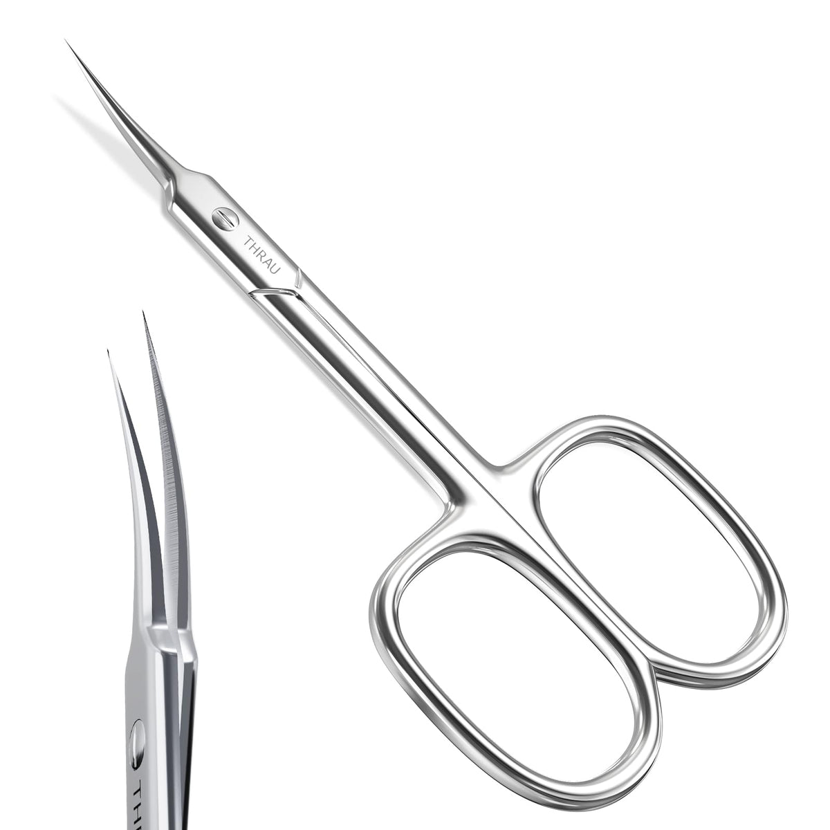 THRAU cuticle scissors with a curved blade for precise cuticle shaping and clean angles.
