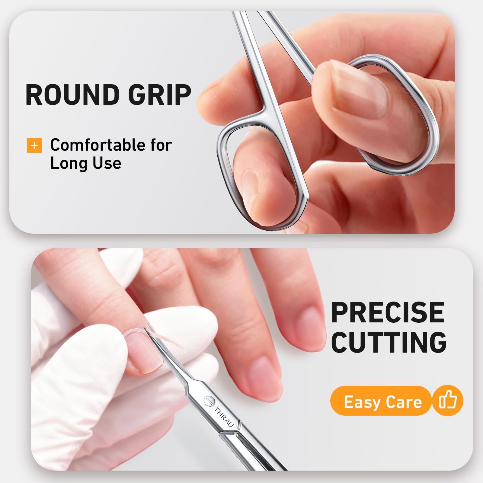 THRAU ergonomic handle design enabling comfortable, controlled grooming cuts.