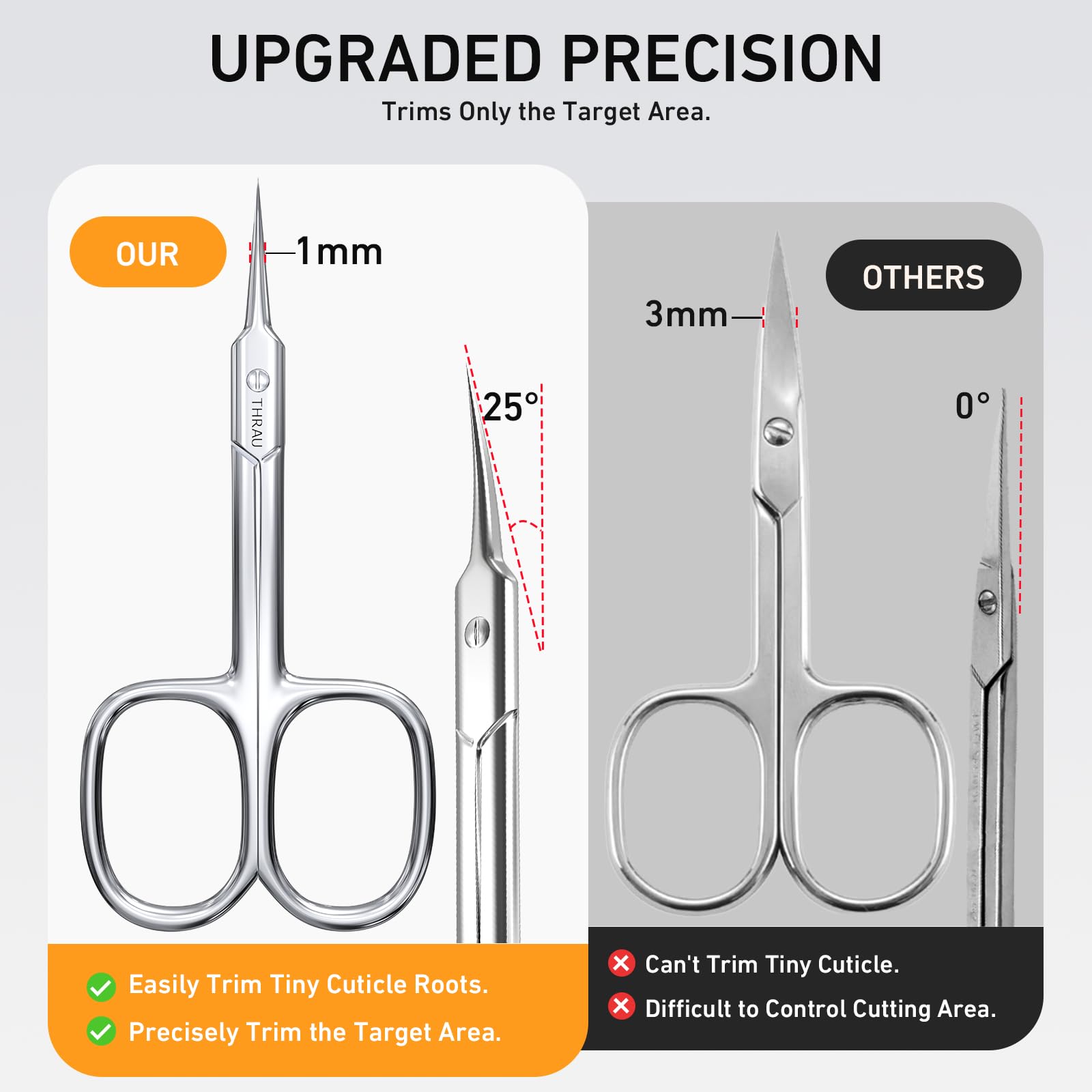 THRAU cuticle scissors highlight extra-fine tip ideal for detail work and tight nail corners.