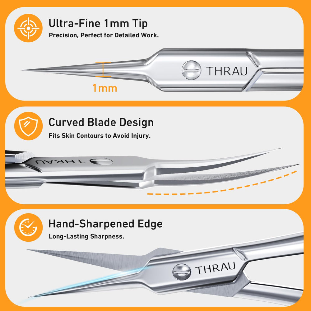 THRAU cuticle scissors showing multipurpose grooming use for nails and skin.