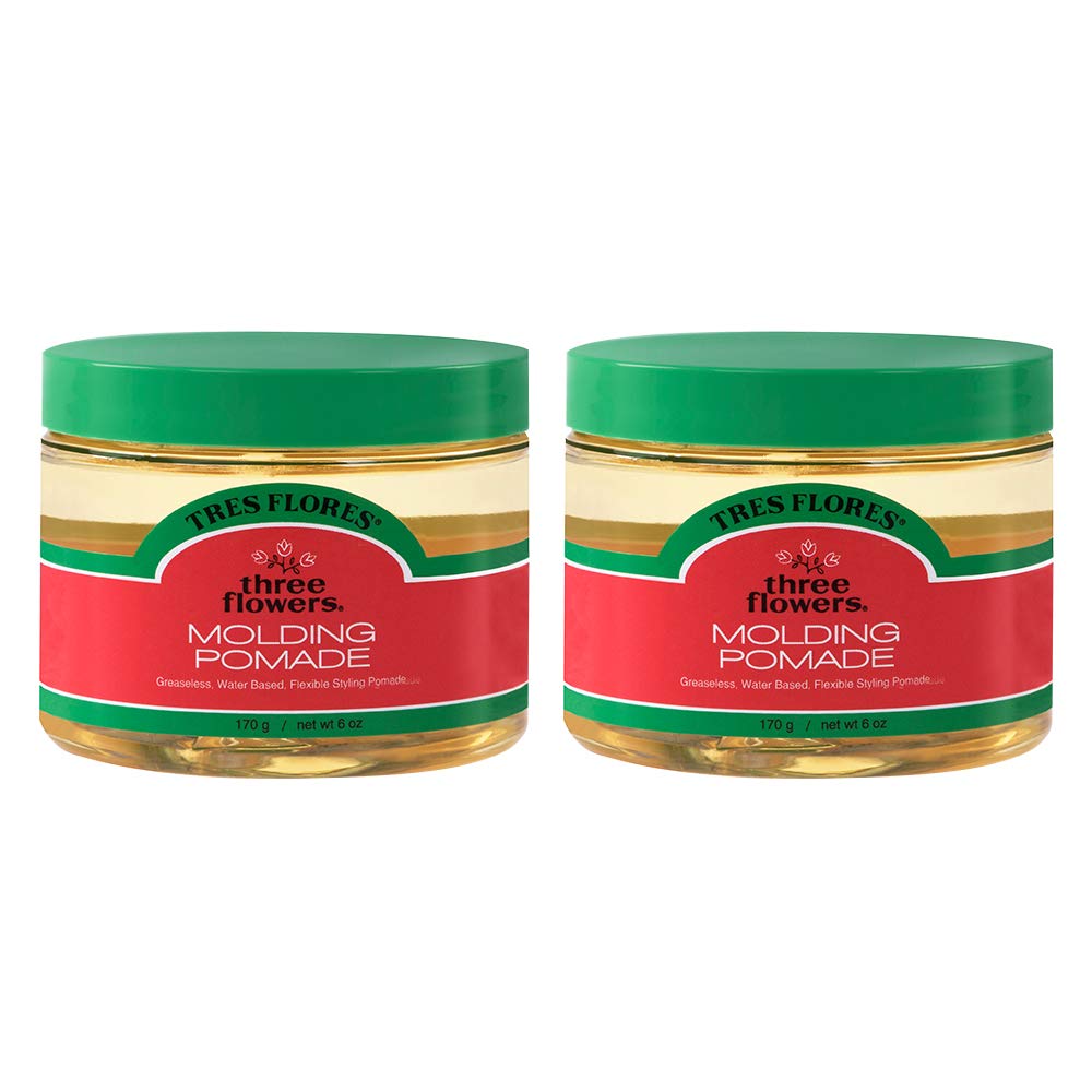 Three Flowers Tres Flores molding pomade jar close-up showing brilliant shine