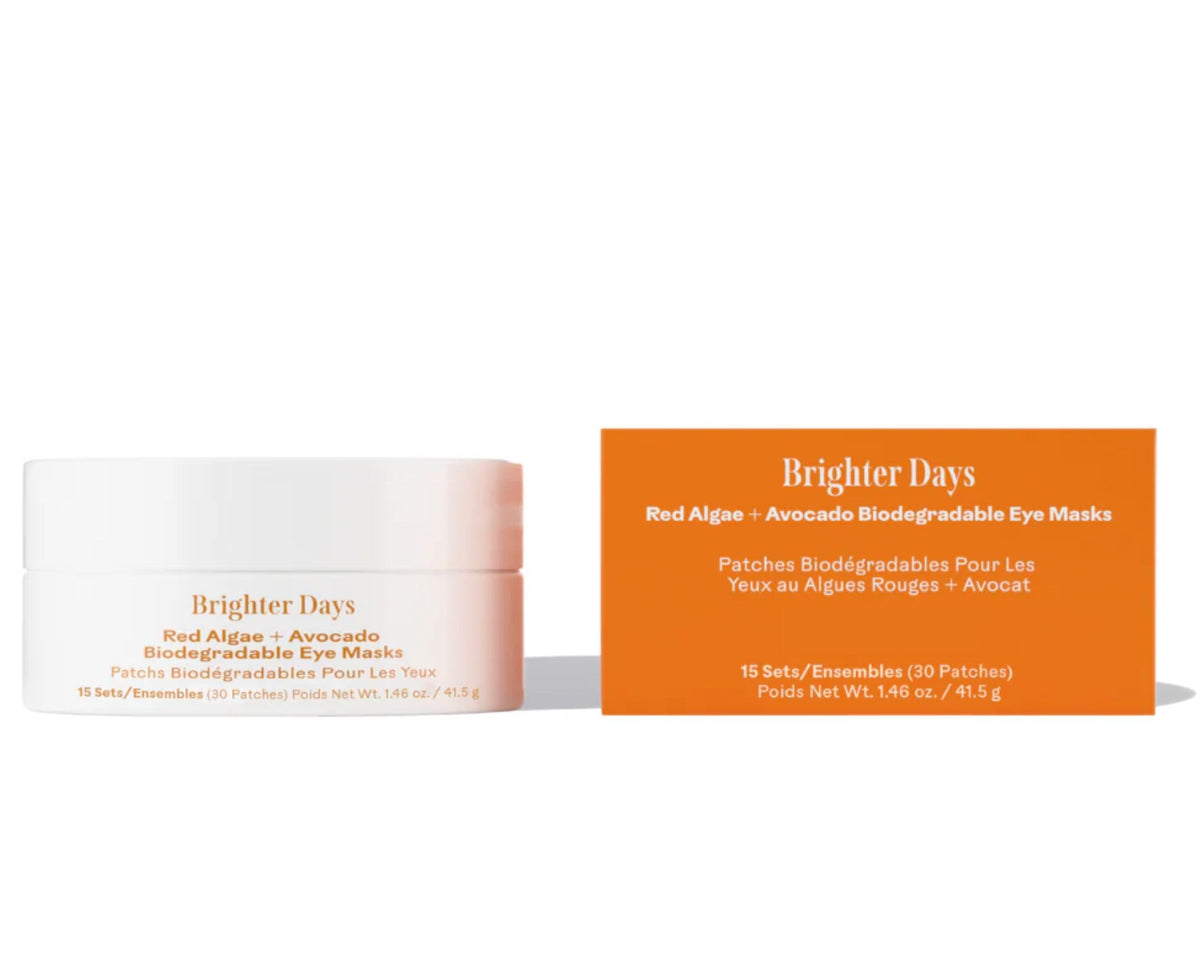 Three Ships Brighter Days eye mask packaging shows biodegradable hydrogel formula for refreshed under-eye skin.