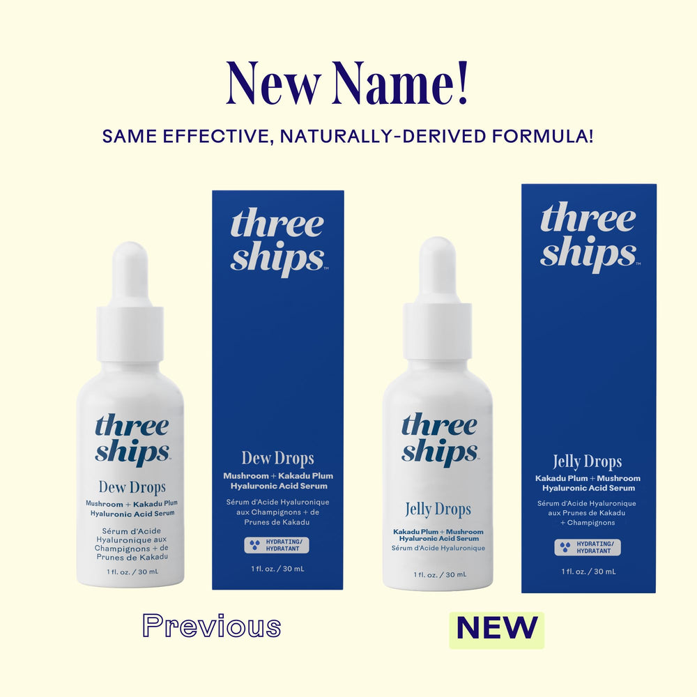 Application scene shows 1–2 drops on clean skin with Three Ships