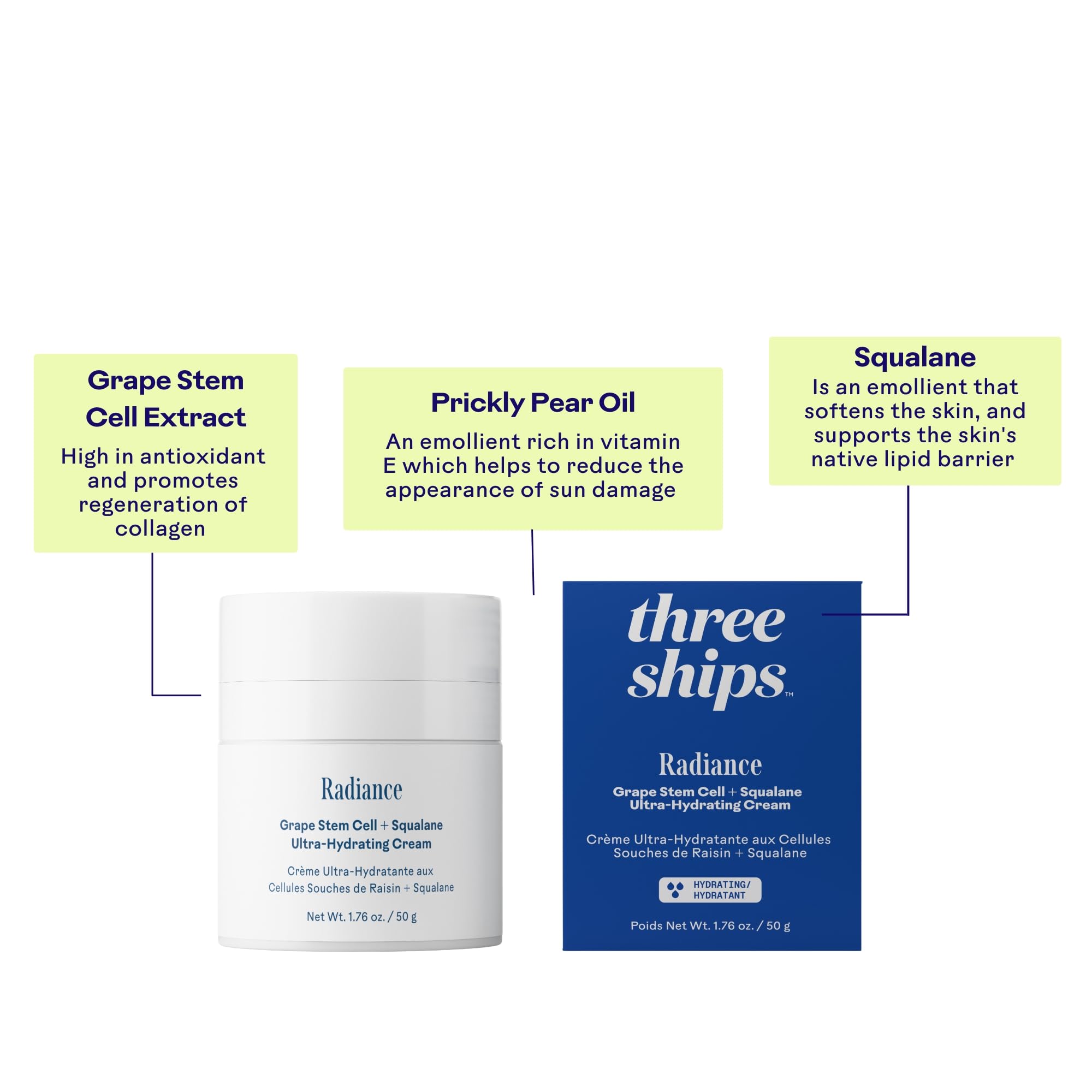 Three Ships Radiance squalane focus highlights lipid barrier support.