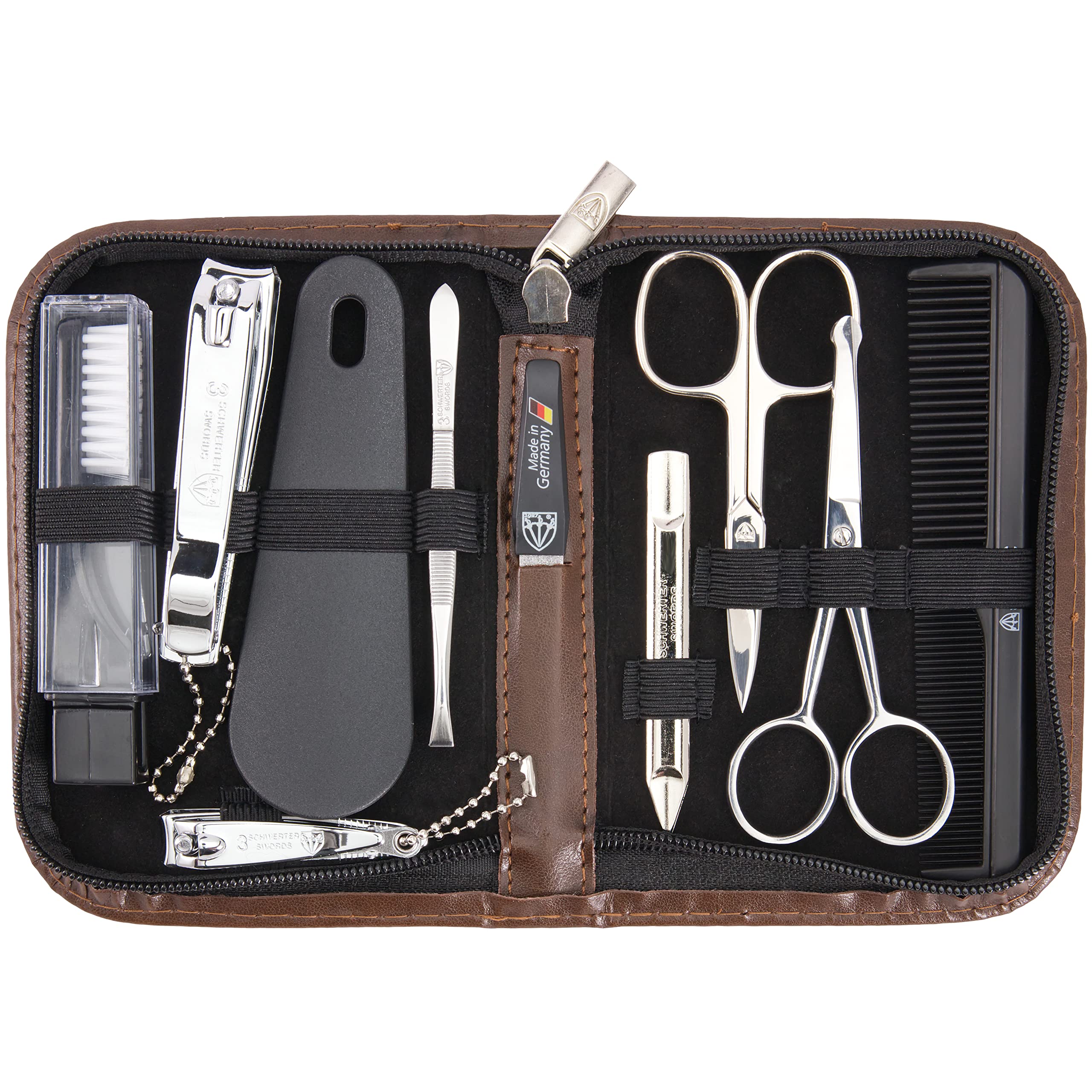 Three Swords Germany brown synthetic leather manicure case keeps tools organized for travel.