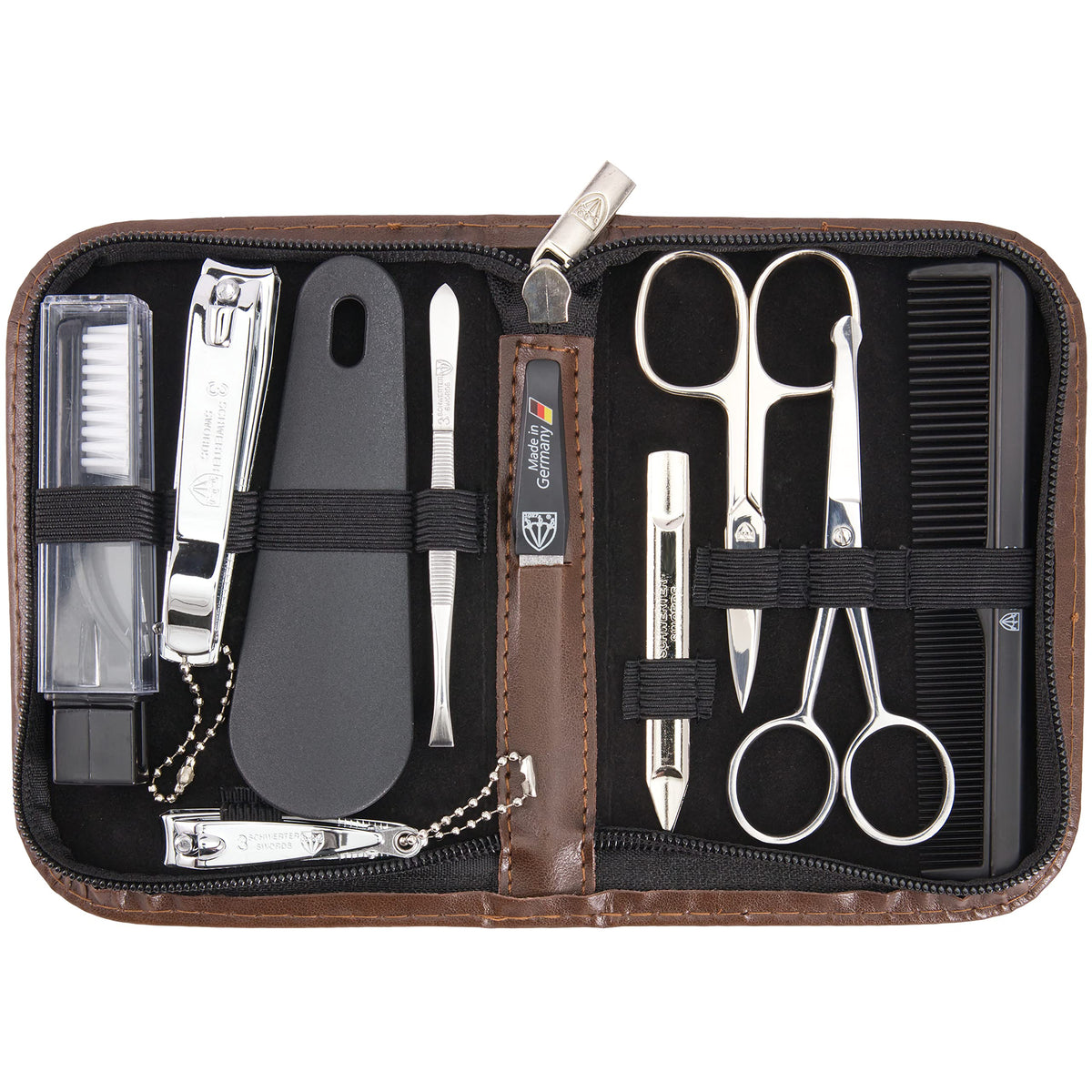 Three Swords Germany brown synthetic leather manicure case keeps tools organized for travel.