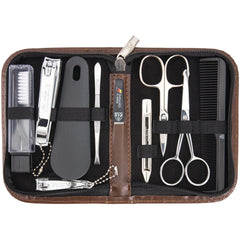 Three Swords Germany brown synthetic leather manicure case keeps tools organized for travel.