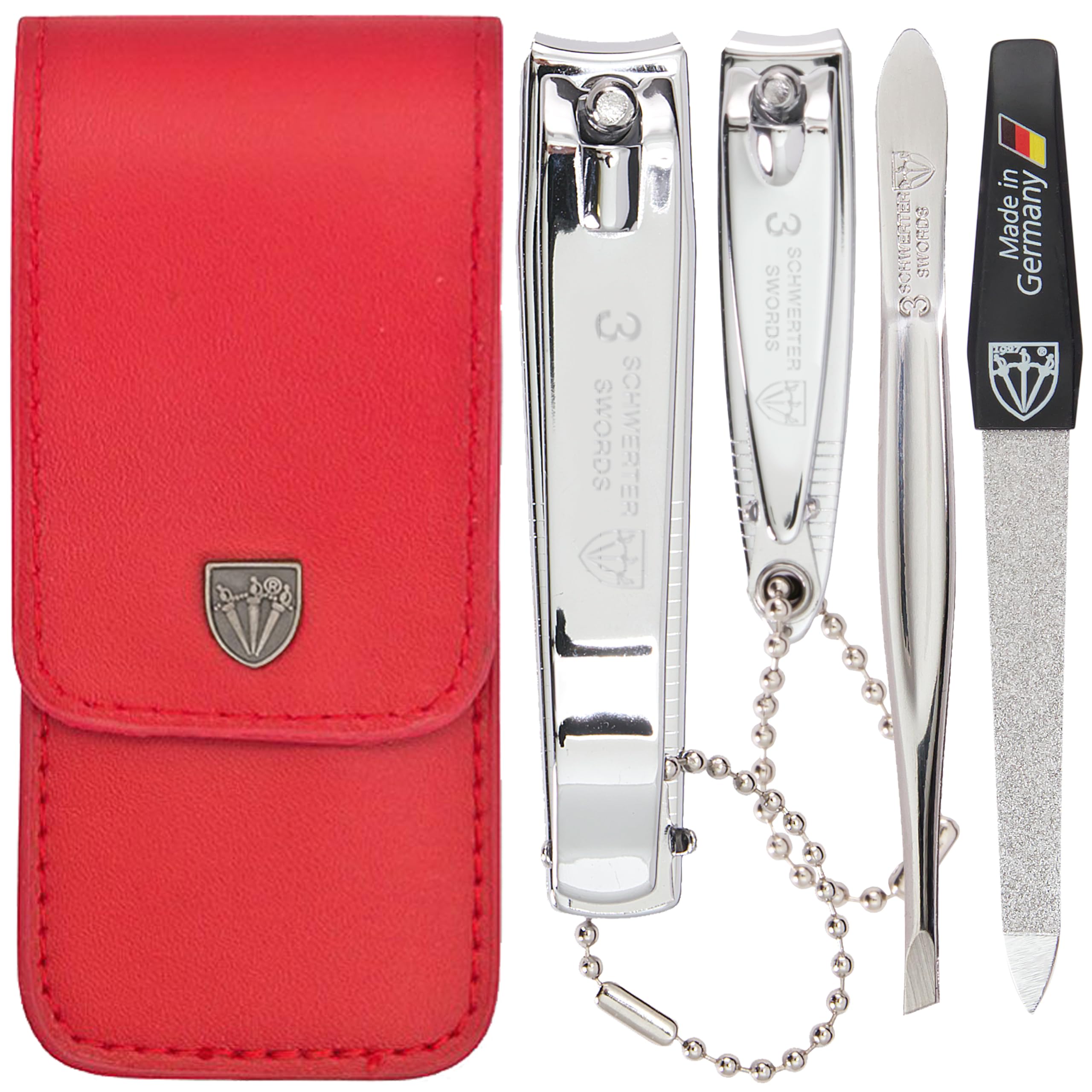 Three Swords Germany manicure set in red case for travel grooming.