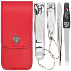 Three Swords Germany manicure set in red case for travel grooming.