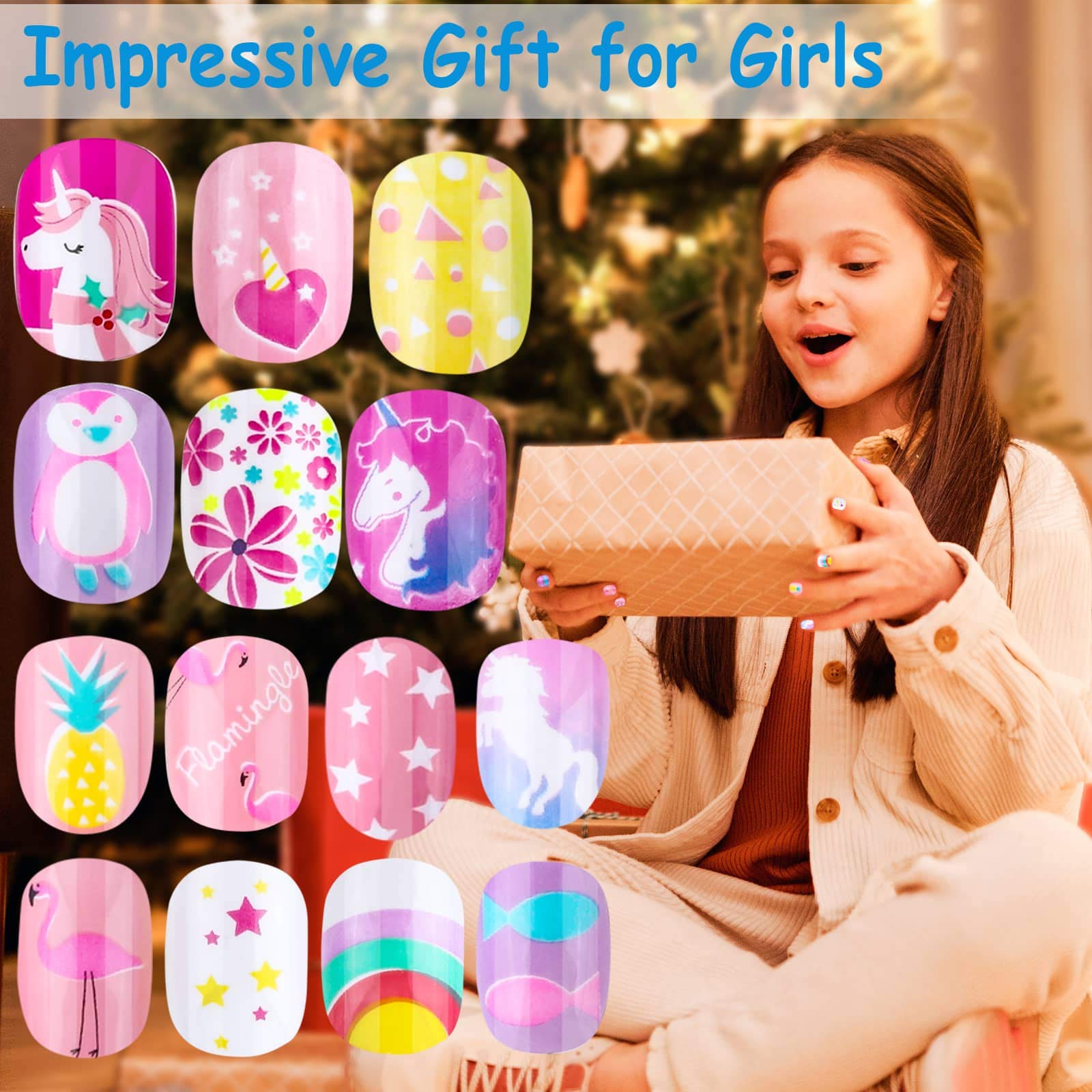 Thrilez Kit Completo de Uñas para Niñas, 144 piezas y tamaños variados