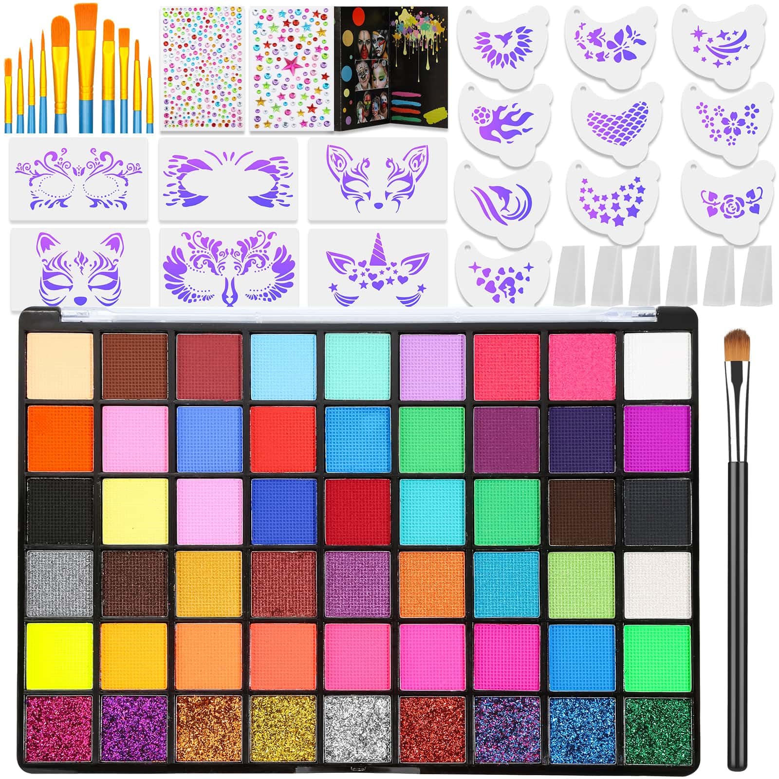 Thrilez professional face painting kit 54-color palette enables vibrant, camera-ready party looks.