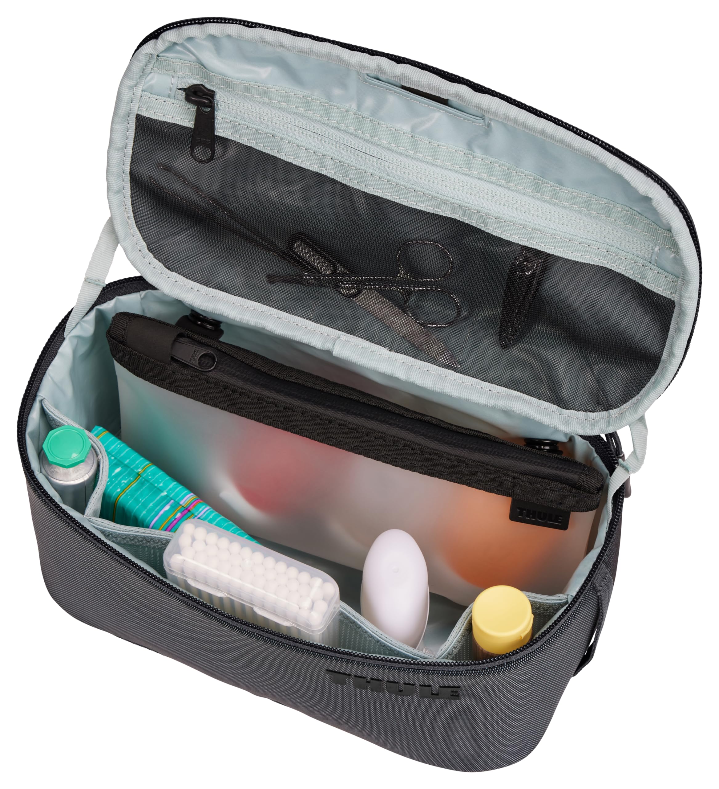 Thule Subterra 2 Toiletry Bag strap doubles as hanger for bathroom accessibility