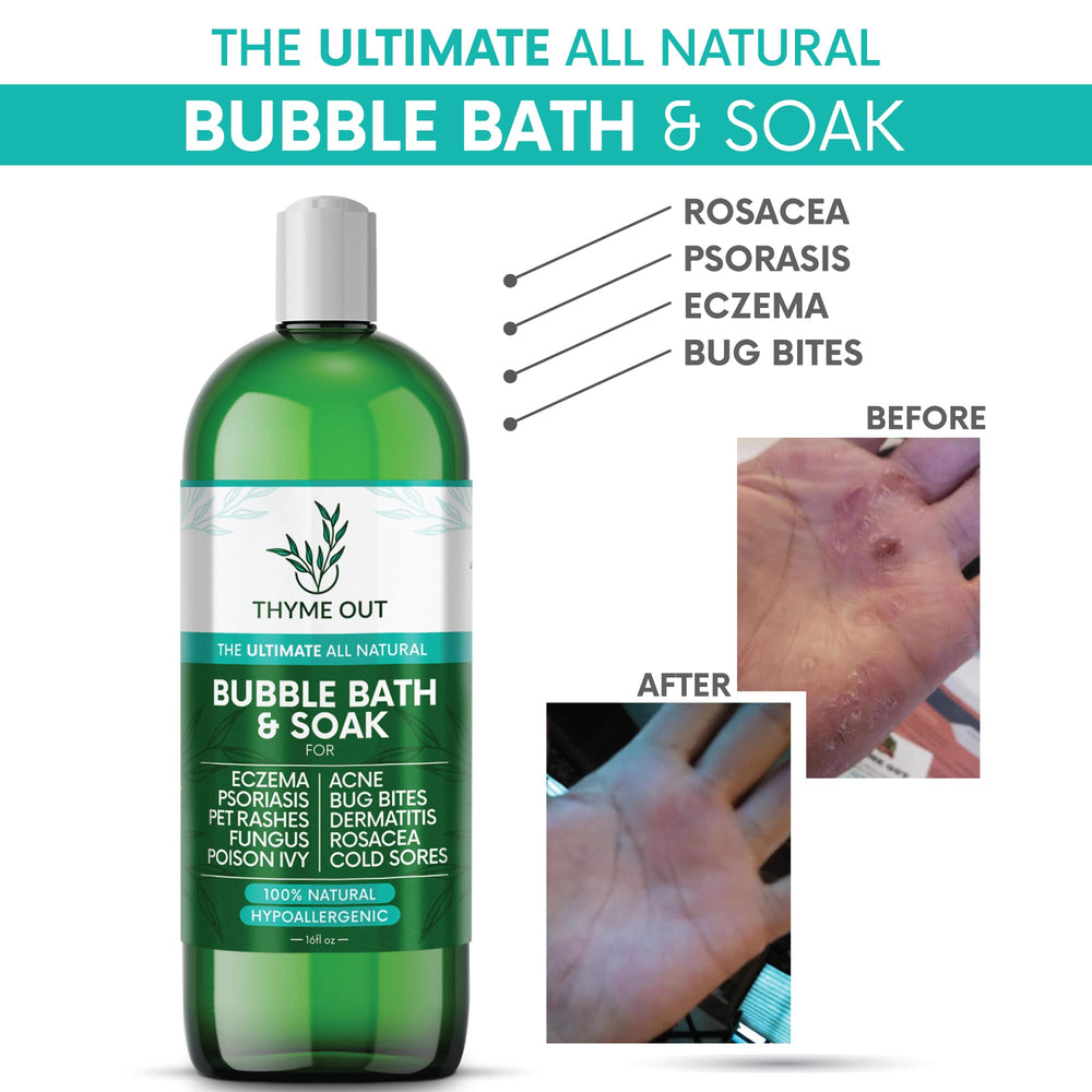 Thyme Out organic bubble bath foam closeup showing gentle, tear-free cleansing