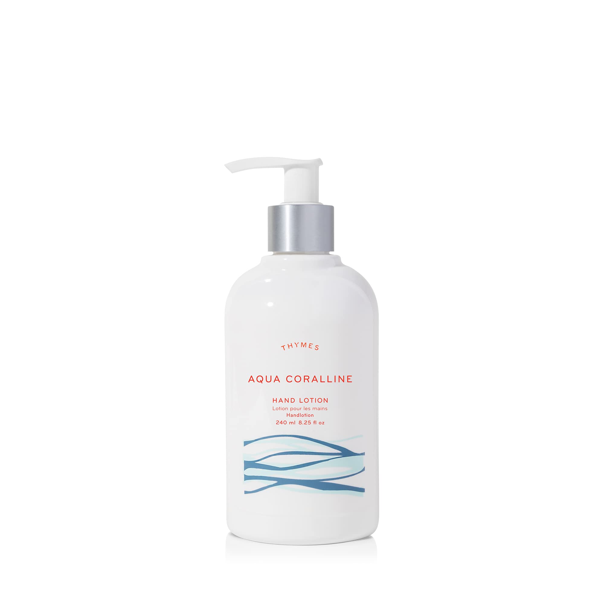 Thymes Aqua Coralline hand lotion silver pump front view highlights glossy packaging and moisturizing action