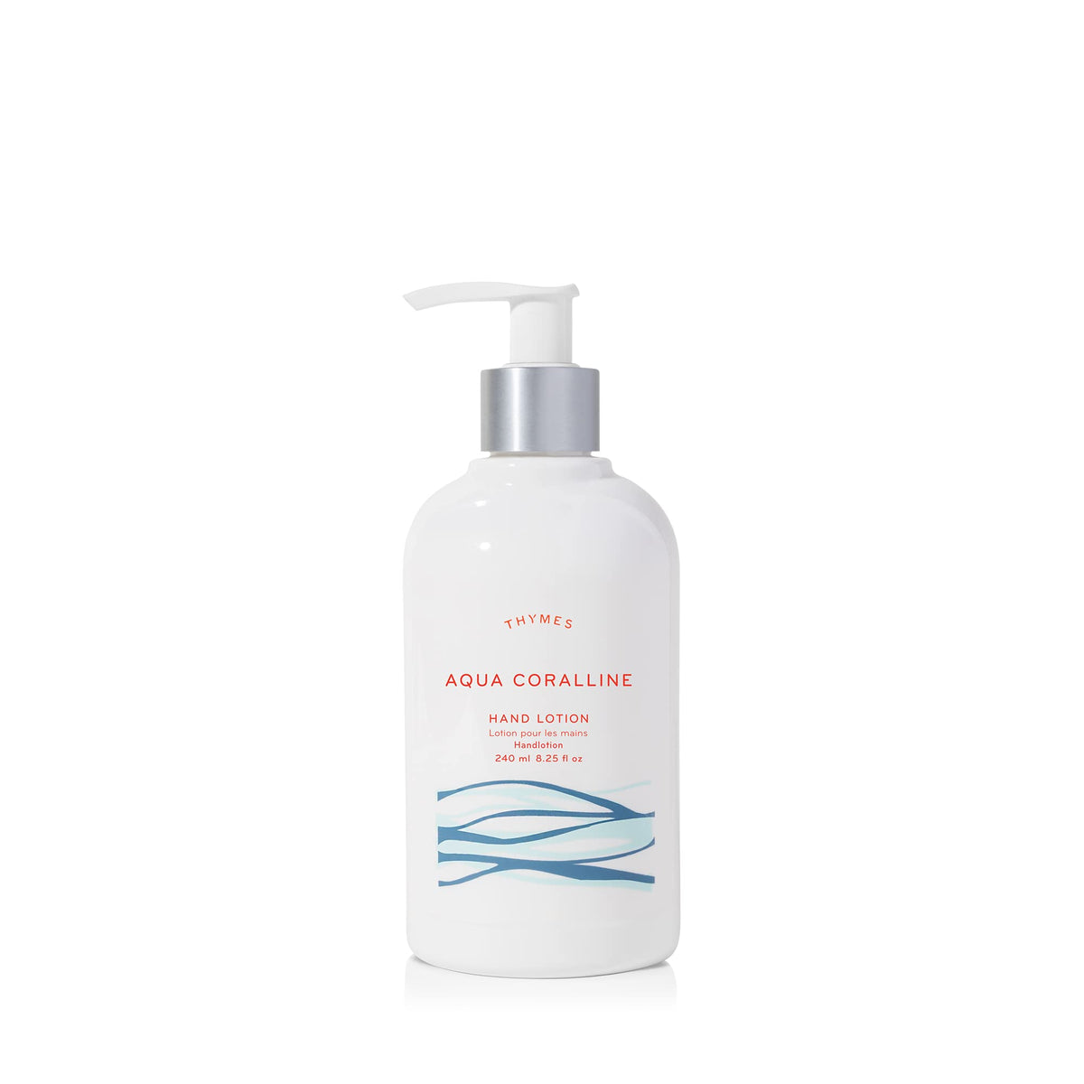 Thymes Aqua Coralline hand lotion silver pump front view highlights glossy packaging and moisturizing action