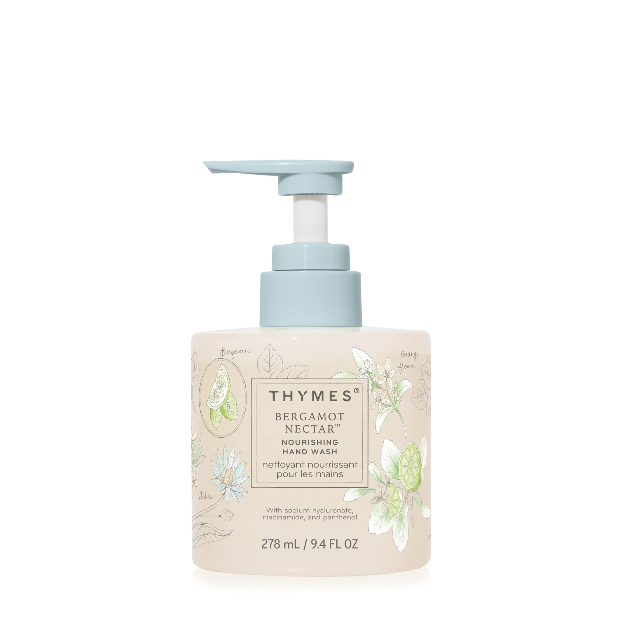Thymes Bergamot Nectar bottle on sink for spa-inspired hand wash experience