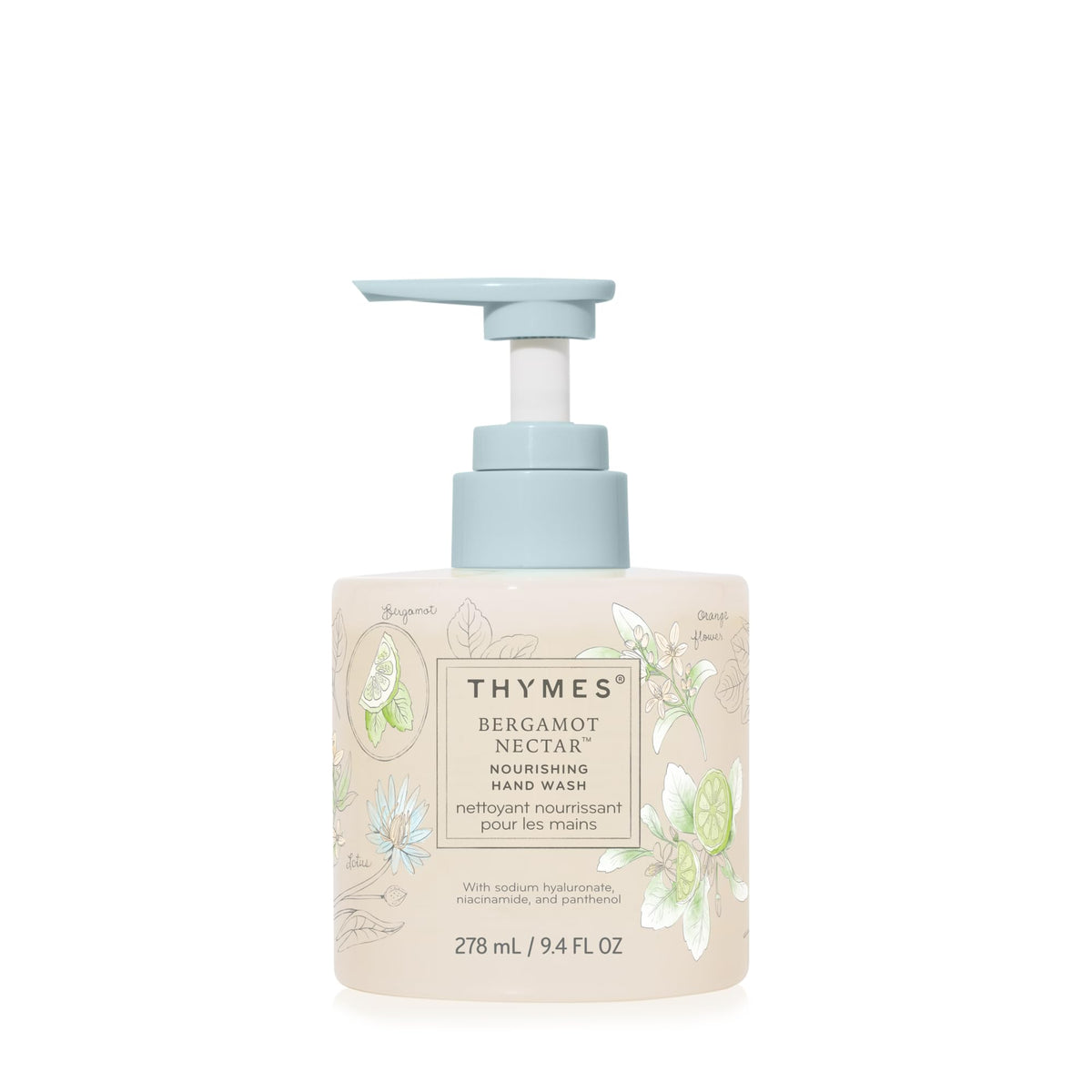 Thymes Bergamot Nectar bottle on sink for spa-inspired hand wash experience