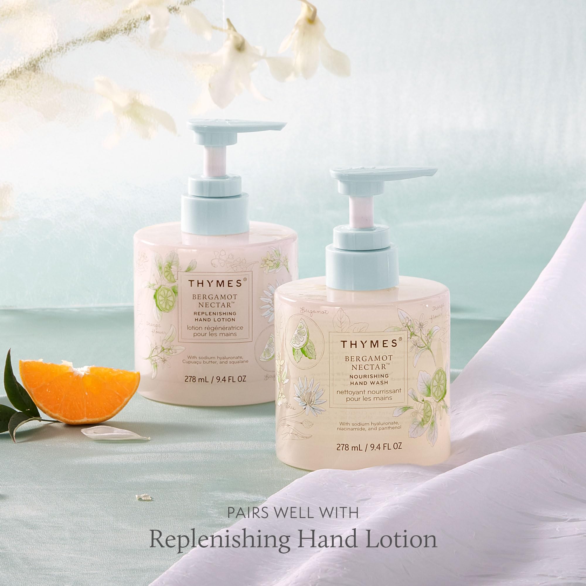 Thymes Bergamot Nectar glass bottle enhances bathroom or kitchen decor