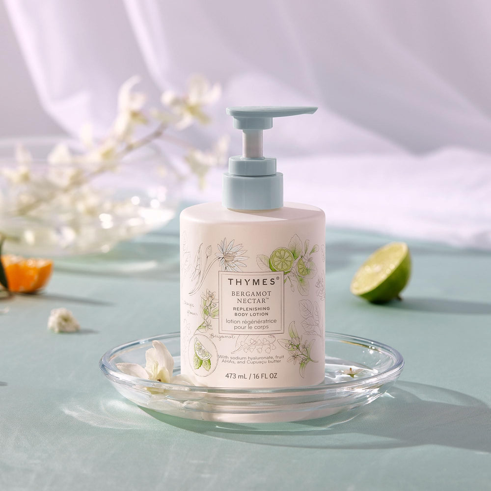 Thymes Bergamot Nectar lotion close-up highlights creamy texture and nourishing ingredients.