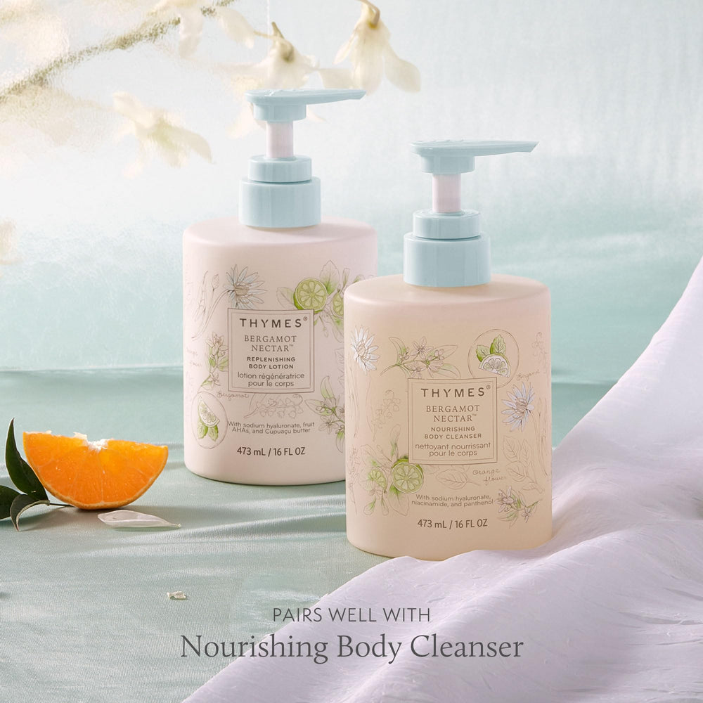 Thymes Bergamot Nectar lotion cupuacu butter highlight for rich nourishment.