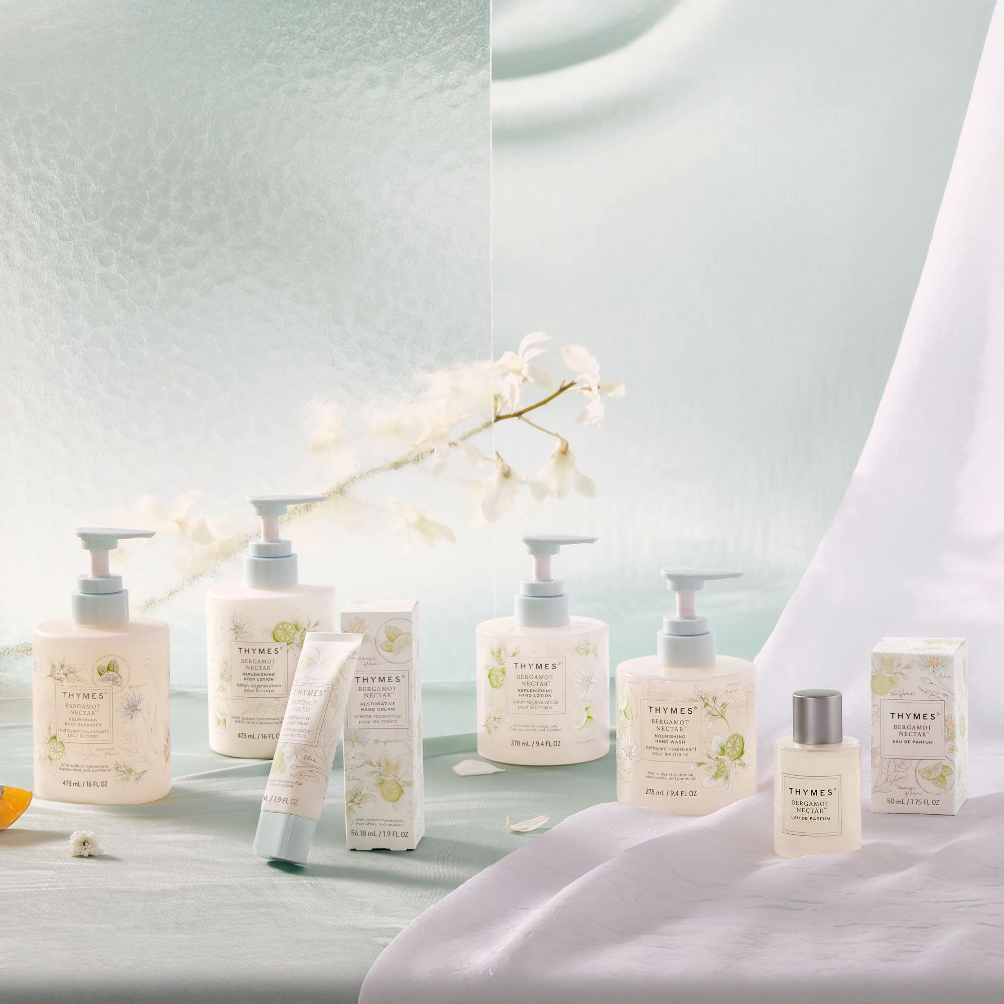 Thymes Bergamot Nectar lotion texture on skin demonstrates smooth, non-greasy absorption.