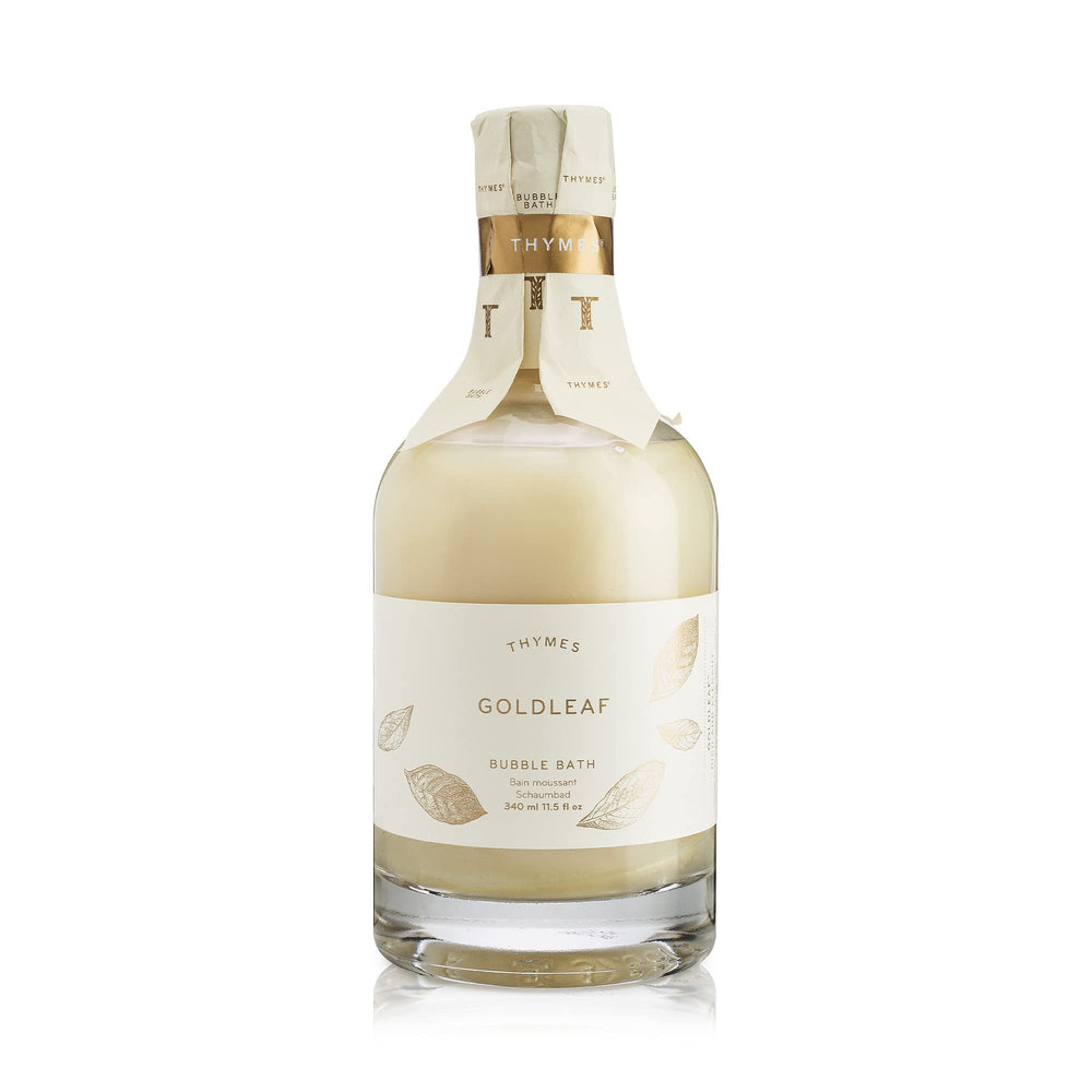 Thymes Bubble Bath Goldleaf bottle with luxe floral fragrance for a relaxing bath ritual.