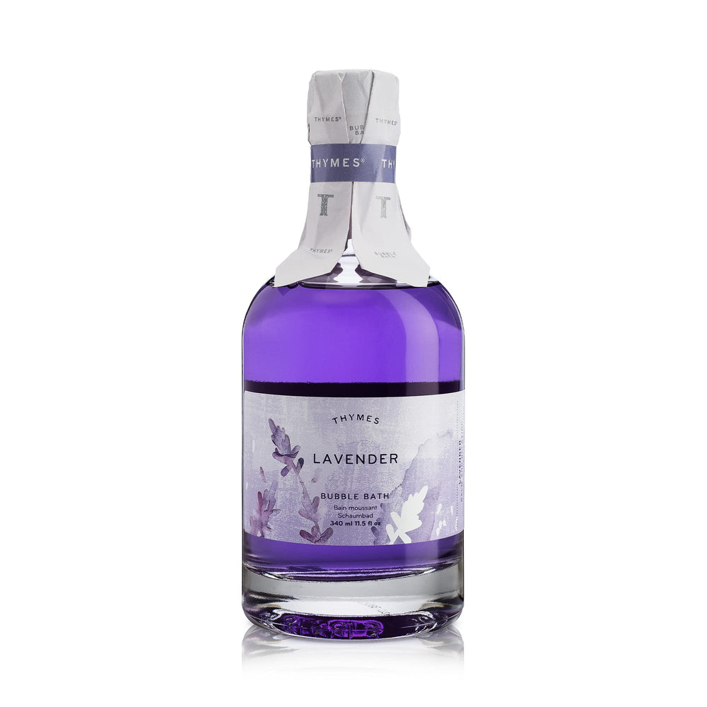Thymes Bubble Bath Lavender bottle features a calming lavender aroma for a relaxing bath ritual