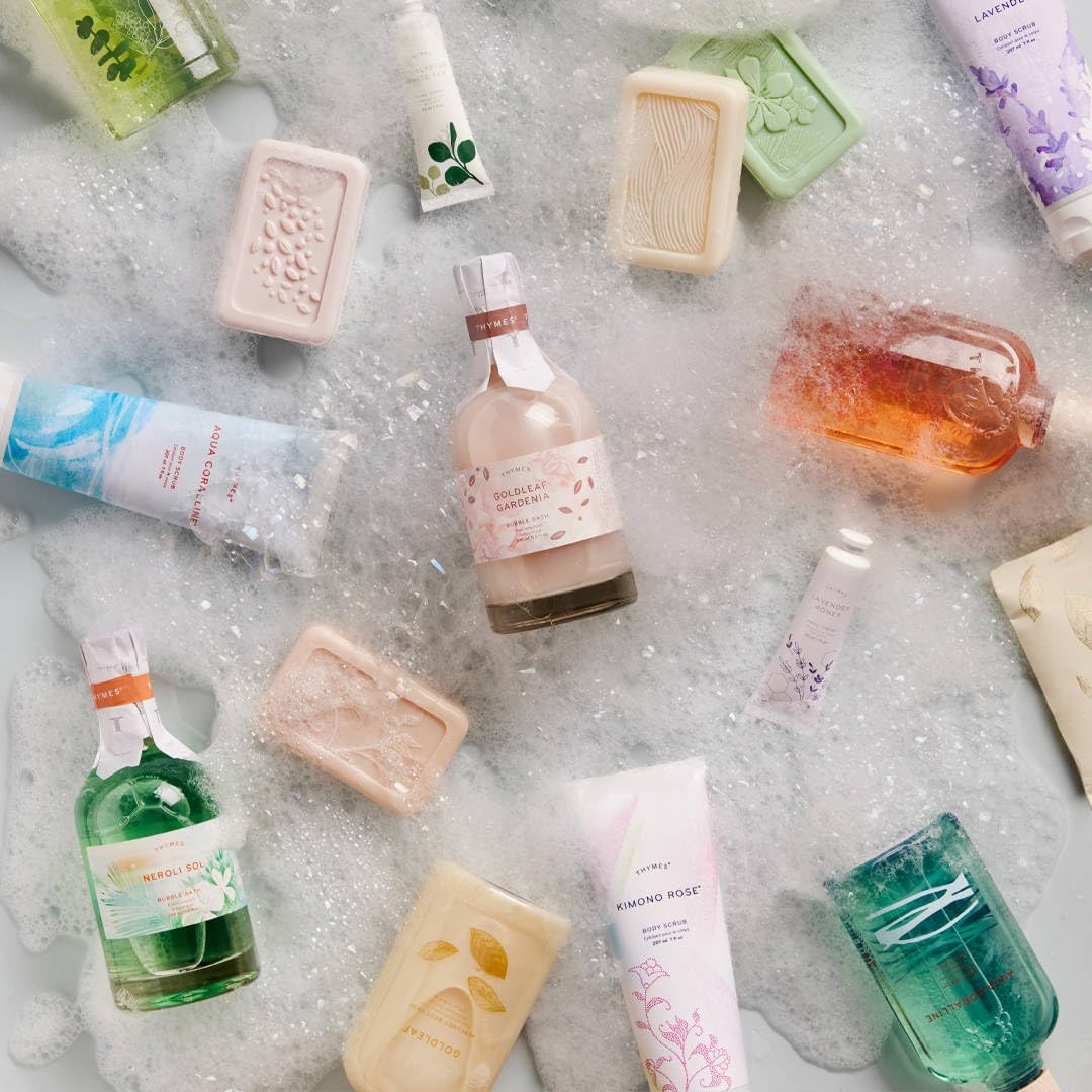 Thymes Bubble Bath Pearlescent Bubbles create a soothing, mood-brightening soak.
