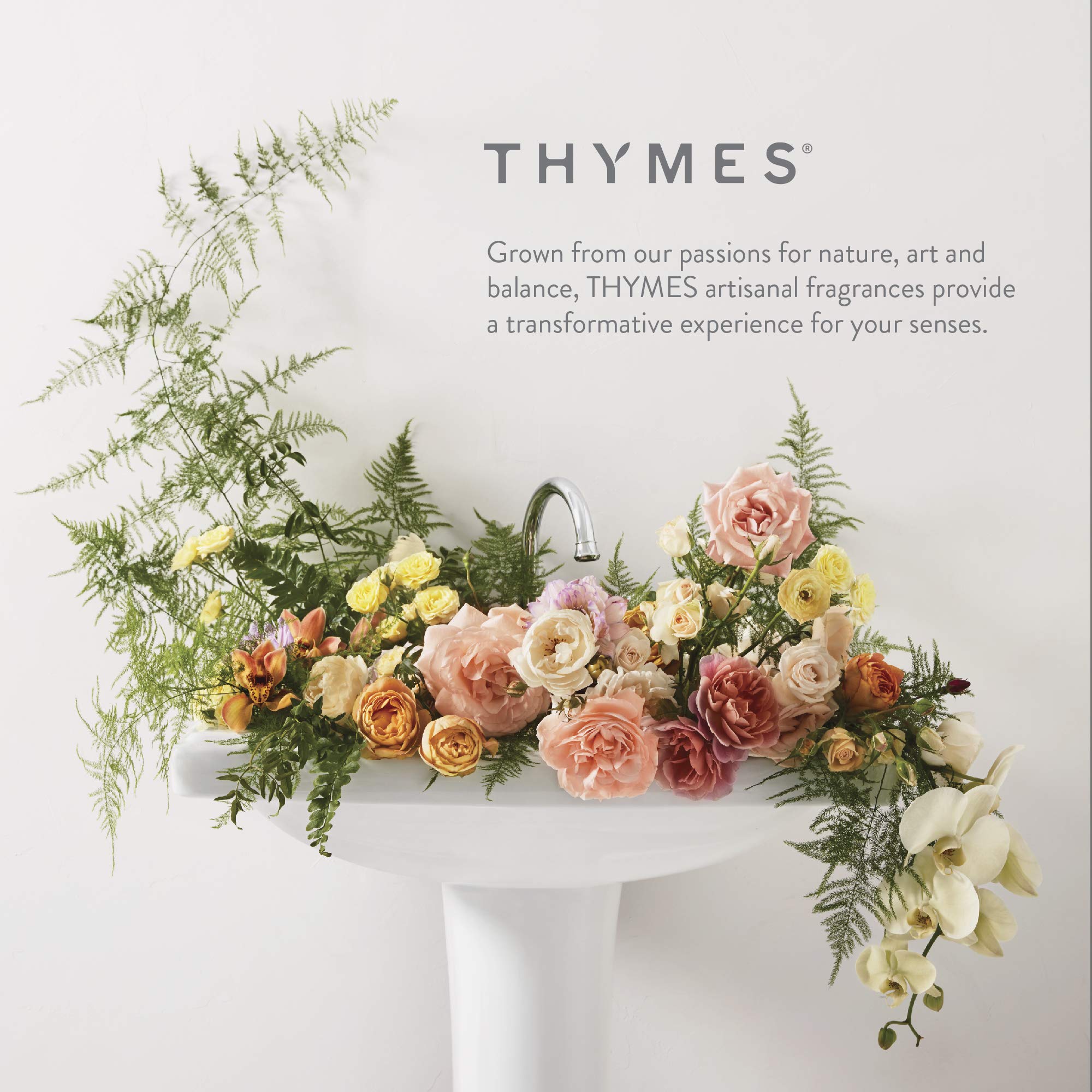Thymes cruelty-free and parabens-free icon signals a clean, mindful routine.