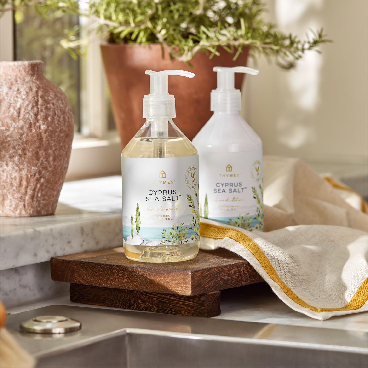 Thymes Cyprus Sea Salt fragrance profile emphasizes a Mediterranean coastal scent and mood uplift.
