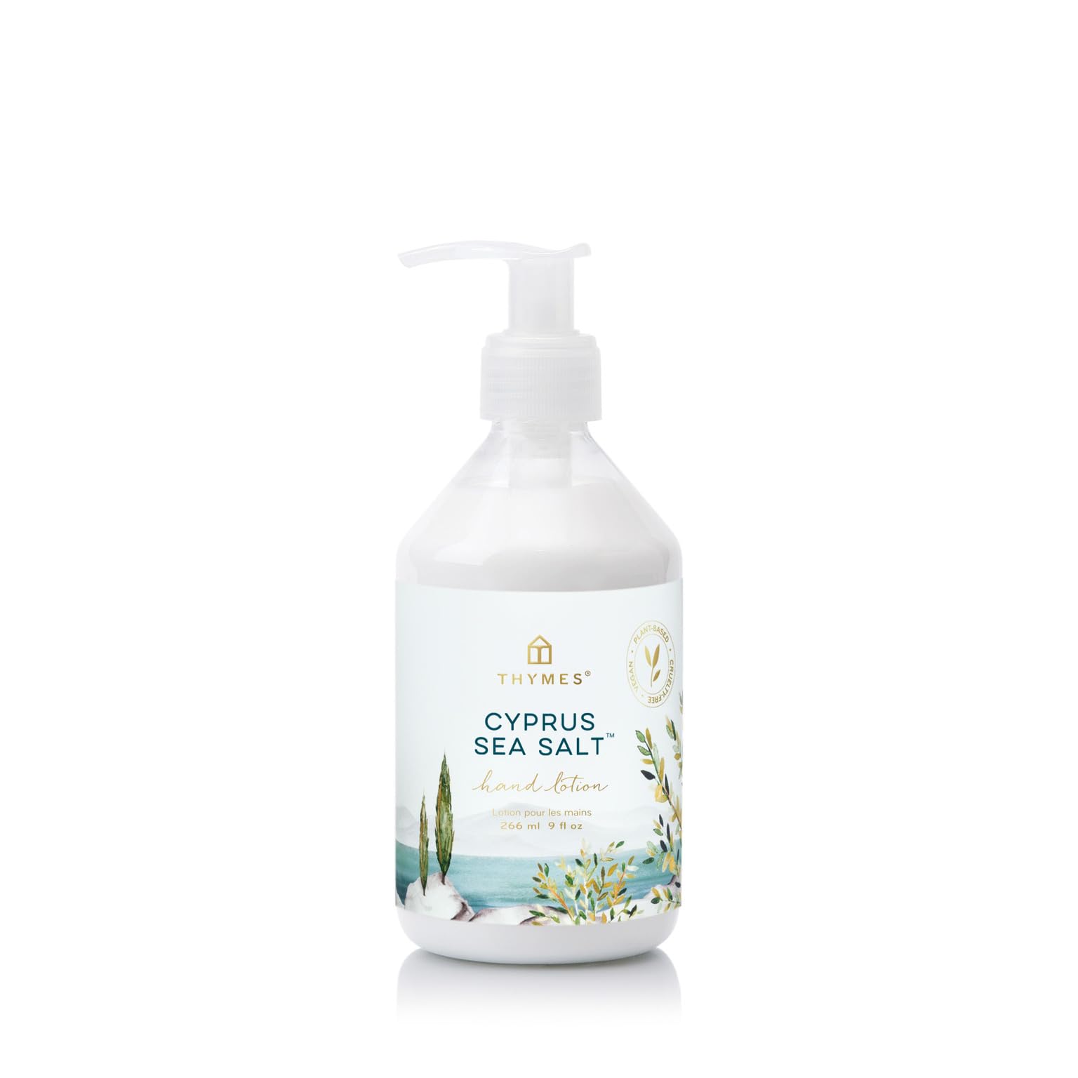 Thymes Cyprus Sea Salt hand lotion bottle offers daily hydration with a fresh coastal aroma.