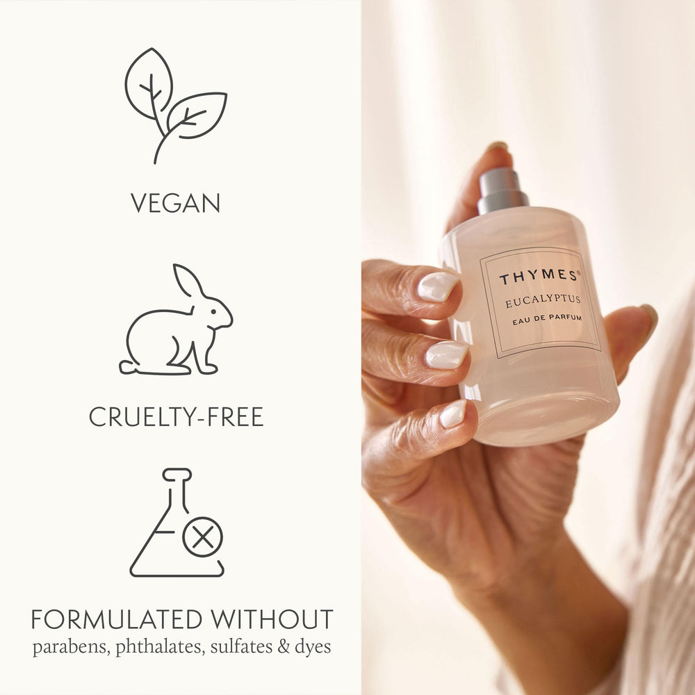 Thymes Eau De Parfum petitgrain bottle detail emphasizing crisp, refined citrus balance