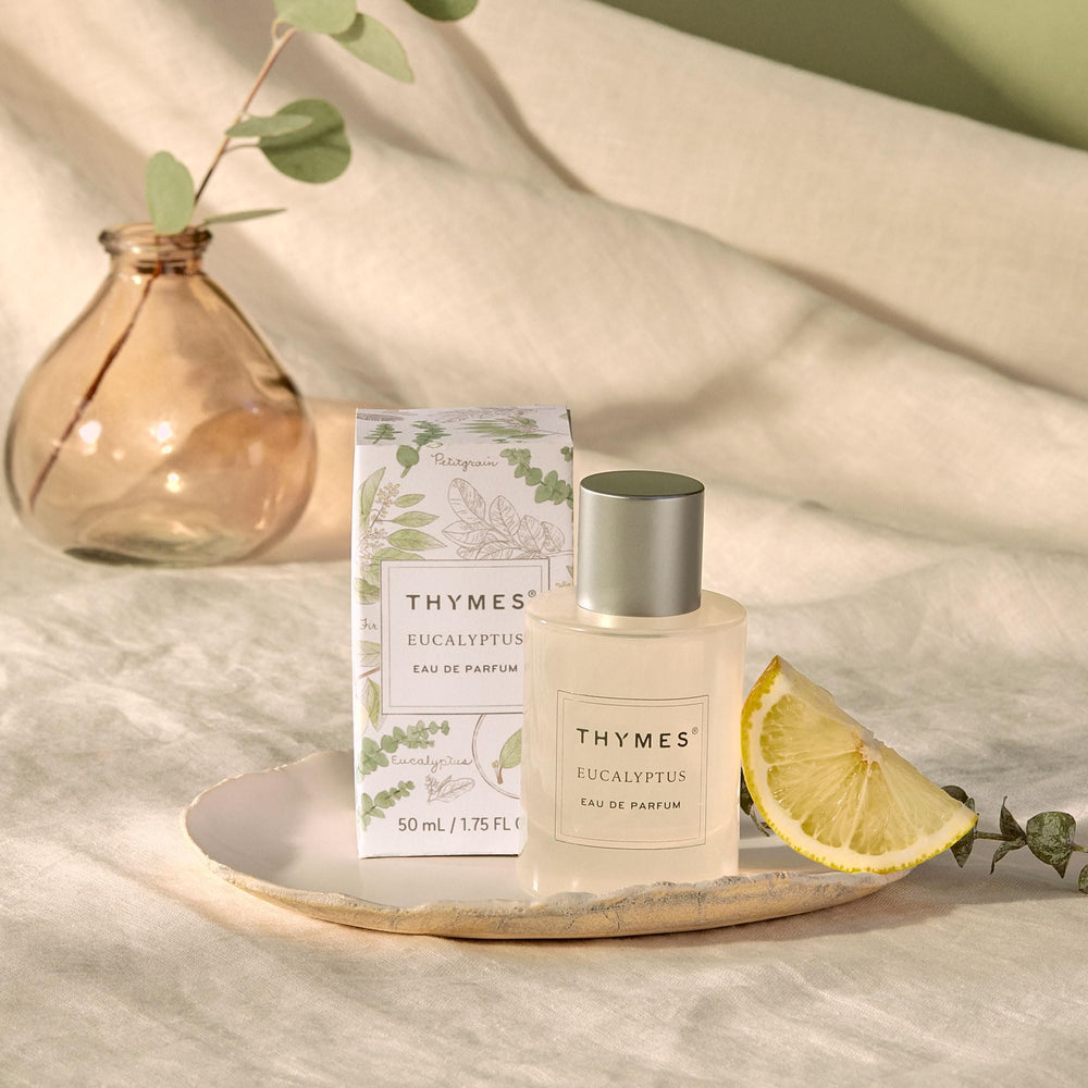 Thymes Eau De Parfum spritz on wrist showcasing a spa-like, fresh scent