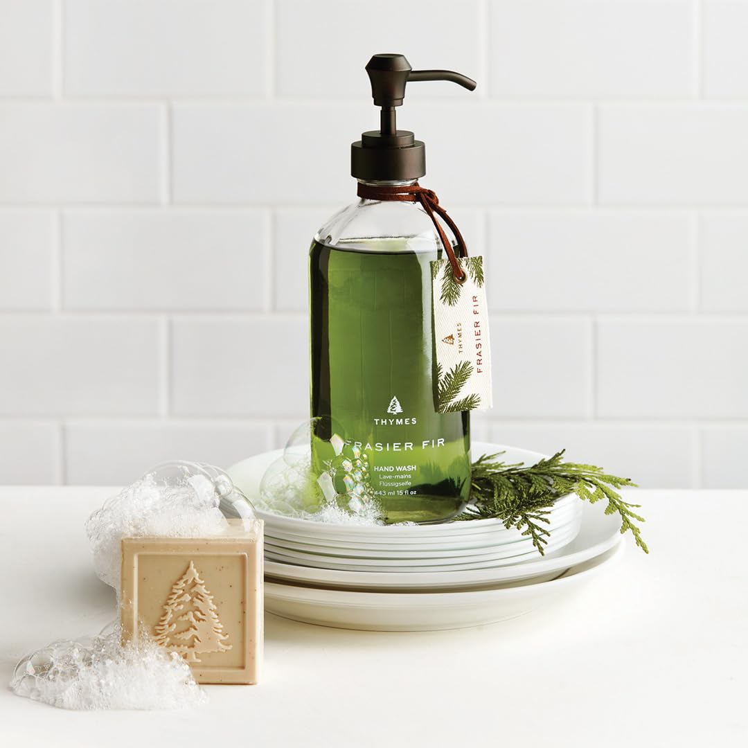 Thymes Frasier Fir bar soap exfoliating apricot kernels illustrate natural skin refinement.