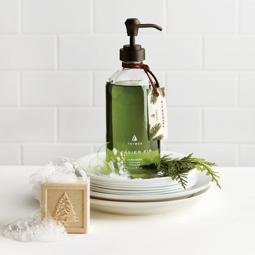 Thymes Frasier Fir bar soap exfoliating apricot kernels illustrate natural skin refinement.