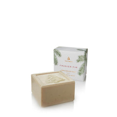 Thymes Frasier Fir bar soap packaging highlights eco-friendly materials for a seasonal home spa look.