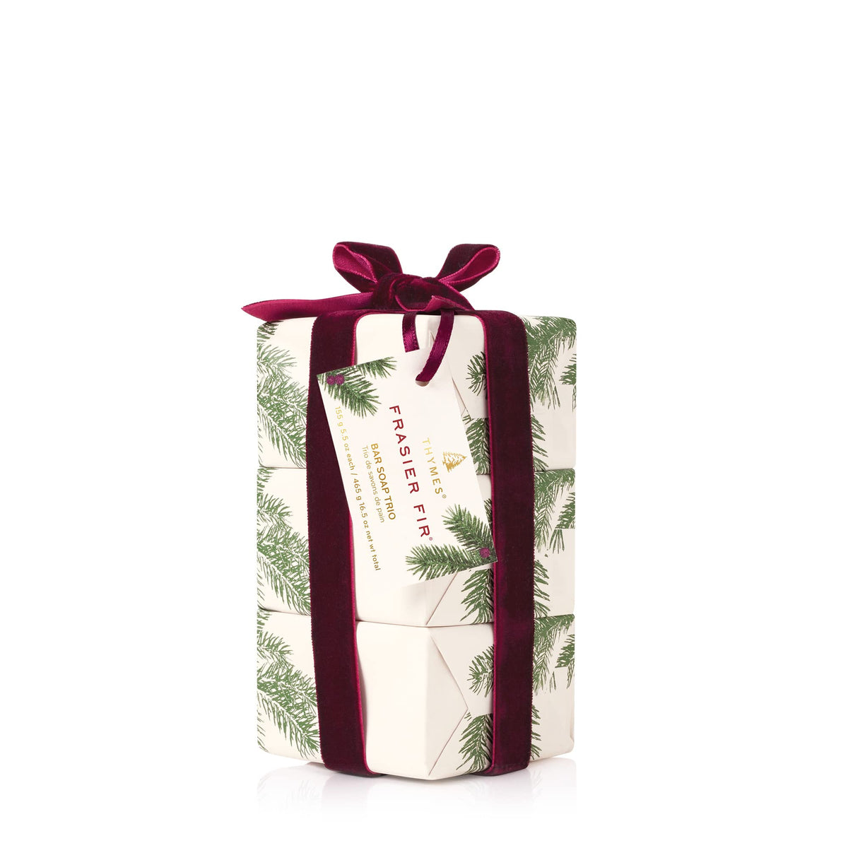 Thymes Frasier Fir bar soap trio pack showing three triple-milled bars for creamy cleanse and gentle exfoliation