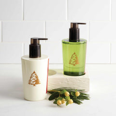 Thymes Frasier Fir hand lotion label closeup emphasizing artisanal design and ingredients